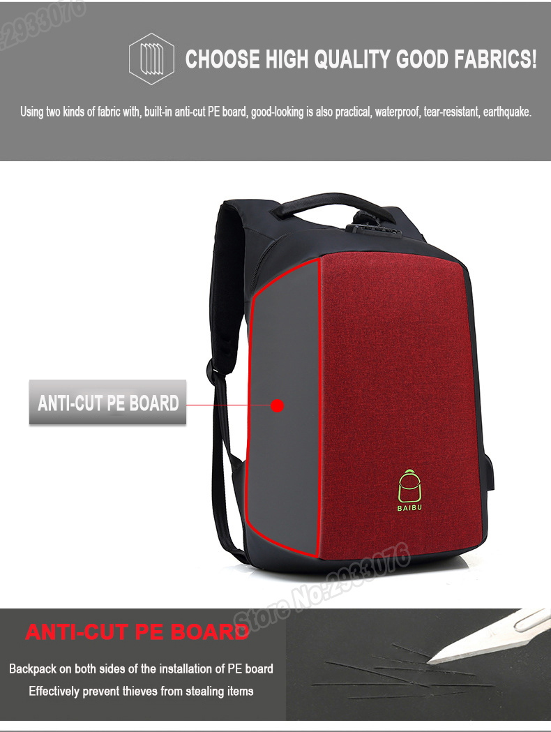 BAIBU Tas Ransel Anti Maling Coded Lock dengan USB Charger 